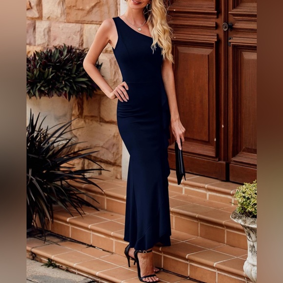 One Shoulder Dresses Sleeveless Cocktail Bodycon Mermaid Ruffle Side Split Dress - Picture 3 of 4